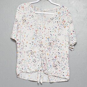 Beach lunch lounge white viscose multi color floral button up tie front blouse